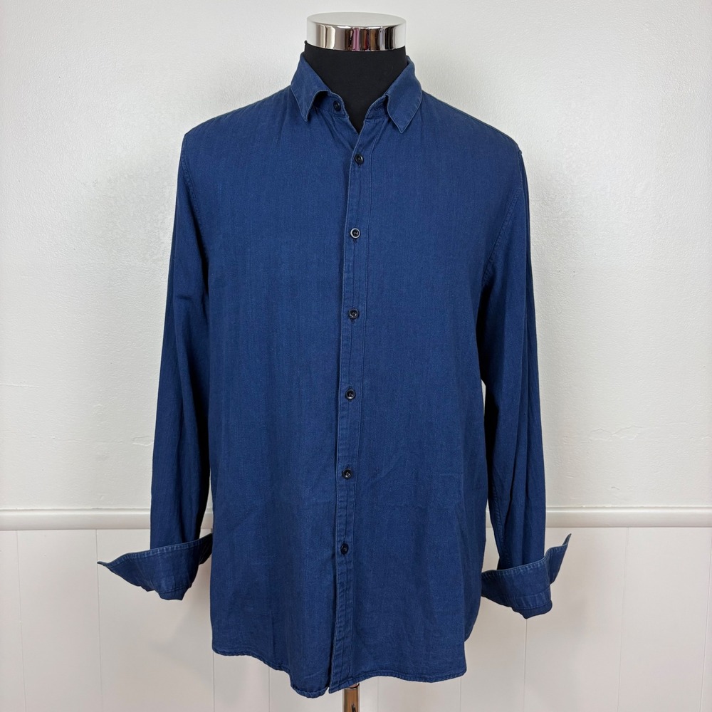 Sunspel Men's Button Front Shirt Cotton Sz L Dark Blue Long Sleeve Spread Collar